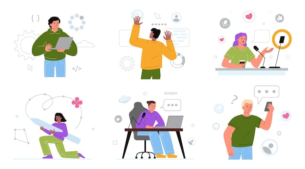 Un conjunto de diferentes freelancers programadores streamers bloggers ilustradores influencers diseñadores de interfaces