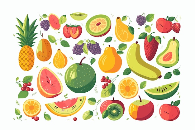 Conjunto de diferentes frutas y bayas Aisladas sobre fondo blanco Ilustración de dibujos animados vectoriales