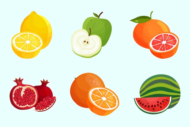 Un conjunto de diferentes frutas que incluyen limón, naranja y sandía.