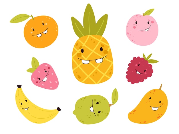 Conjunto de diferentes frutas de verano divertidas y lindas dibujadas a mano con caras sonrientes