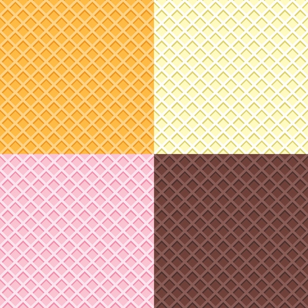 Conjunto de diferentes gofres patrón vectorial sin costuras oblea de dibujos animados fondo repetido en amarillo rosa ahogado color chocolate textura de cono de helado