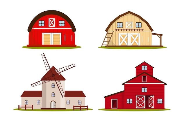 Conjunto de diferentes graneros molino en estilo de dibujos animados Vector ilustración de casas de granja de madera graneros para molino de almacenamiento de grano para moler grano aislado sobre fondo blanco