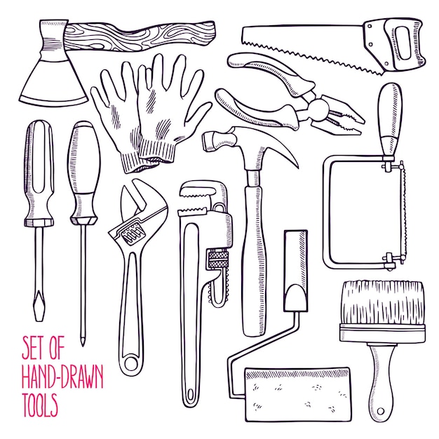 Vector conjunto de diferentes herramientas de boceto para reparar ilustraciones dibujadas a mano