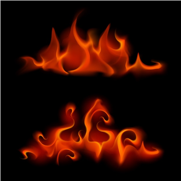Conjunto de diferentes hogueras de llama de fuego escarlata rojo aislado sobre fondo