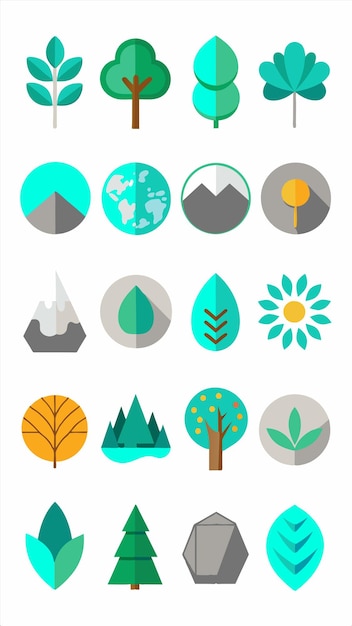 un conjunto de diferentes iconos con un árbol y una ciudad en el fondo