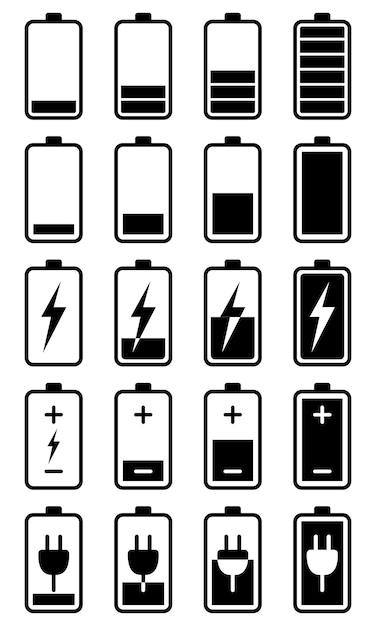 Conjunto de diferentes iconos de batería aislados de fondo blanco
