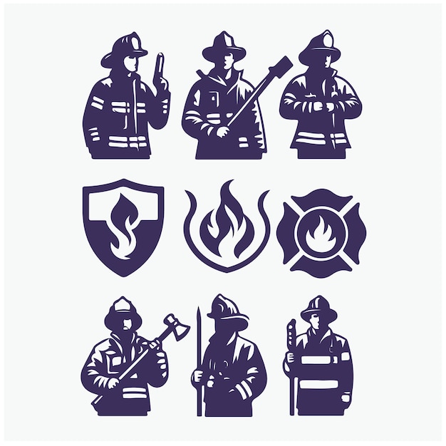 un conjunto de diferentes iconos de un bombero y un bombero