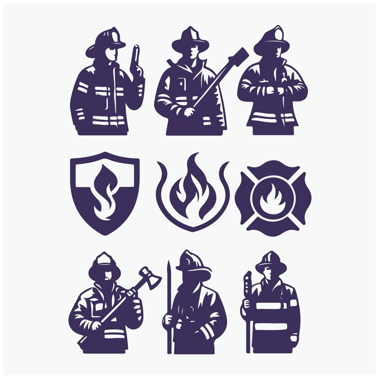 Vector un conjunto de diferentes iconos de un bombero y un bombero