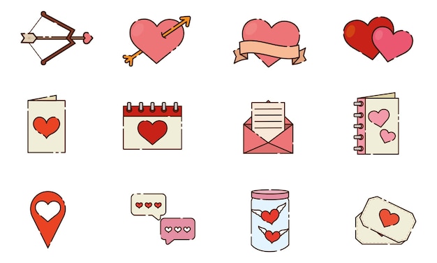 Conjunto de diferentes iconos de diseño plano del día de San Valentín Ilustración vectorial