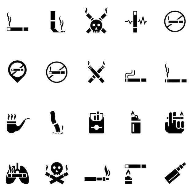 Vector un conjunto de diferentes iconos que incluyen un letrero de prohibición de fumar y un lestrero de prohibición de fumar