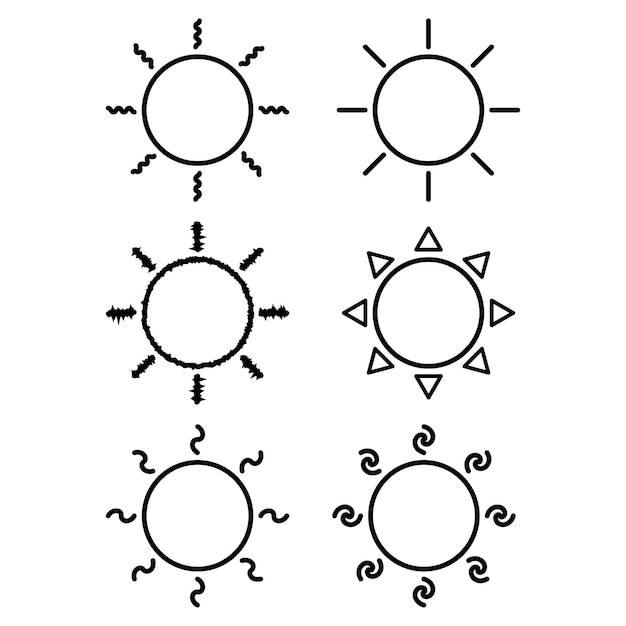 Vector conjunto de diferentes iconos de sol aislado sobre fondo blanco.