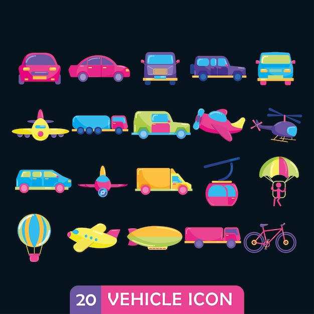 Conjunto de diferentes iconos de vehículos Ilustración vectorial
