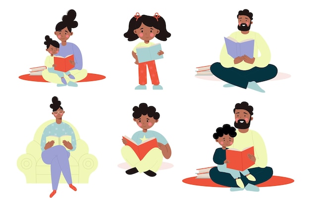 Conjunto de diferentes ilustraciones de padres e hijos afroamericanos leyendo un libro Vector