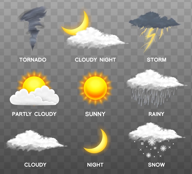 Vector un conjunto de diferentes imágenes de nubes y sol.