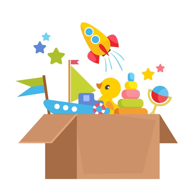 Conjunto de diferentes juguetes para niños en una caja de cartón. pedir en la tienda online para bebés vector