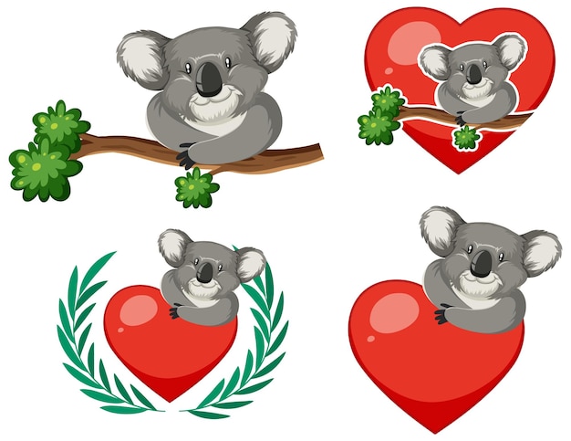 Conjunto de diferentes koalas en estilo de dibujos animados
