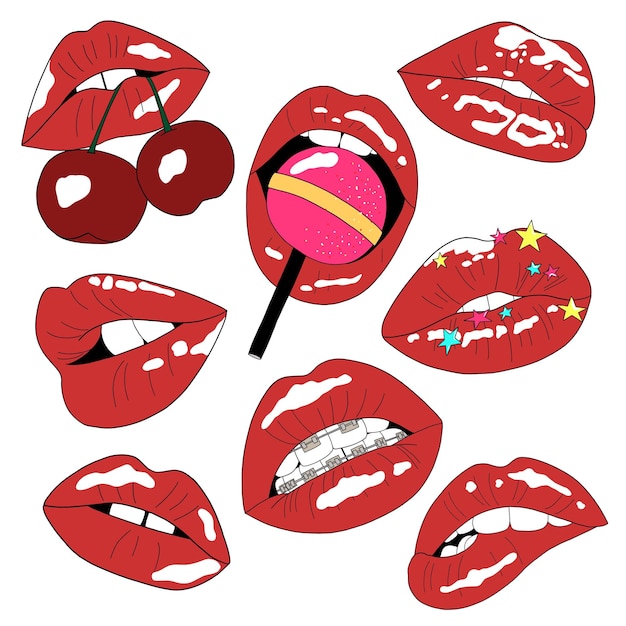 Vector conjunto de diferentes labios rojos sobre fondo blanco.