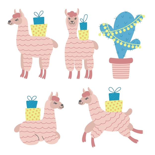 Vector conjunto de diferentes lindas alpacas con cajas de regalo y cactus decorados. divertido paquete de pegatinas de alpaca.