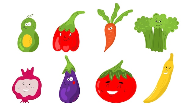 Conjunto de diferentes lindos personajes kawaii de frutas y verduras felices diseño colorido para tarjetas pancartas materiales impresos emoticonos divertidos de estilo garabato iconos planos de pimienta zanahoria tomate aguacate