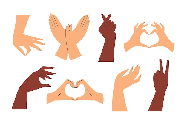 Conjunto de diferentes manos corazón pájaro amor victoria paz gestos vector ilustración plana