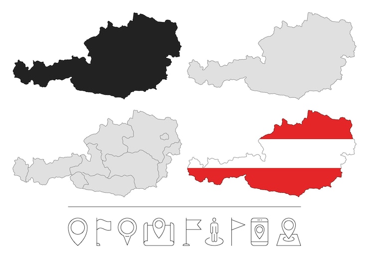 Vector conjunto de diferentes mapas de austria con bandera nacional iconos de línea de navegación ilustración vectorial