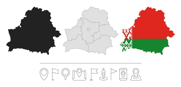 Vector conjunto de diferentes mapas de bielorrusia con bandera nacional iconos de línea de navegación ilustración vectorial