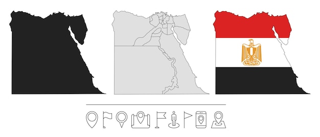 Conjunto de diferentes mapas de Egipto con bandera nacional. Iconos de línea de navegación. ilustración vectorial