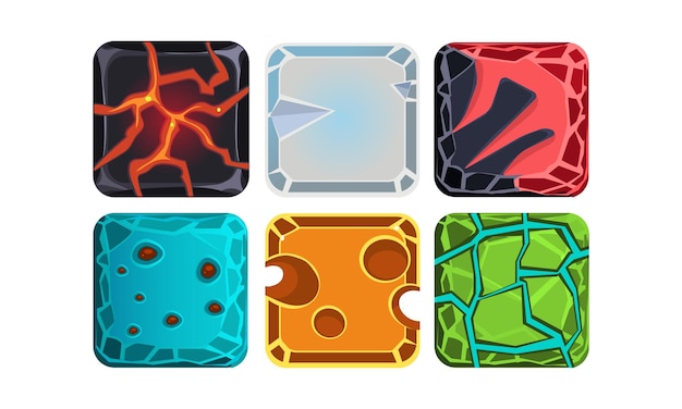 Conjunto de diferentes materiales y texturas para juegos móviles o de computadora Agua del glaciar de lava y piedras brillantes Activos de juego Iconos de estilo de dibujos animados Diseño vectorial colorido aislado en fondo blanco