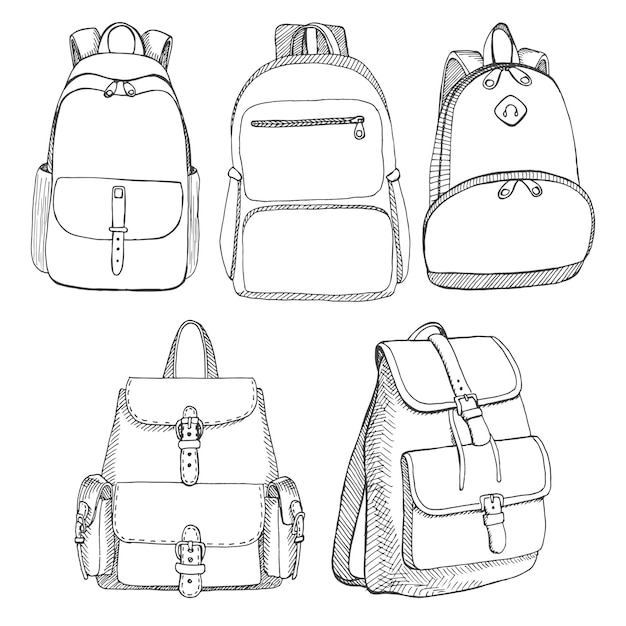 Conjunto de diferentes mochilas unisex. ilustración en estilo boceto.