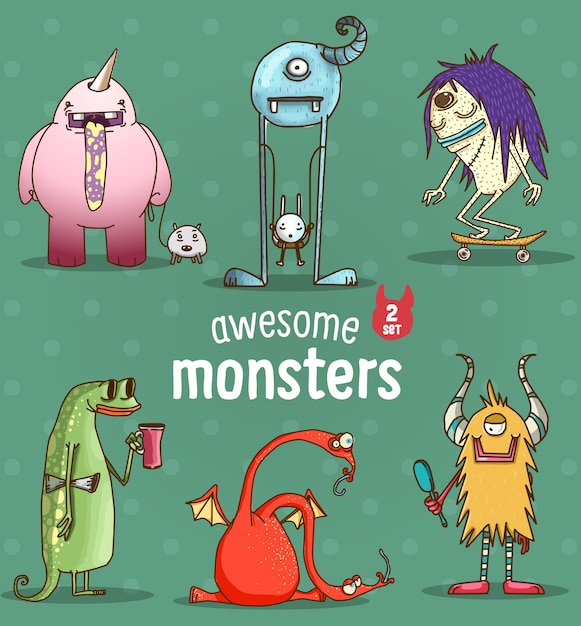 Vector conjunto de diferentes monstruos de divertidos dibujos animados