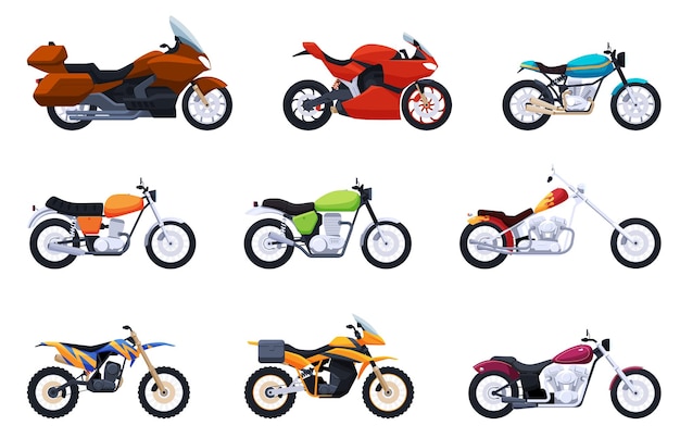 Un conjunto de diferentes motocicletas Transporte de dos ruedas de varios tipos de deportes a campo traviesa para viajar Ilustración vectorial