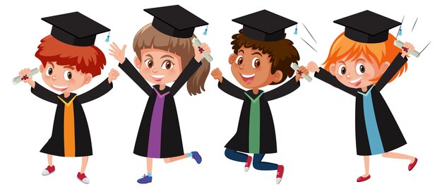 Vector conjunto de diferentes niños con disfraces de graduación.