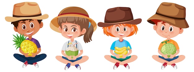Conjunto de diferentes niños con fruta.