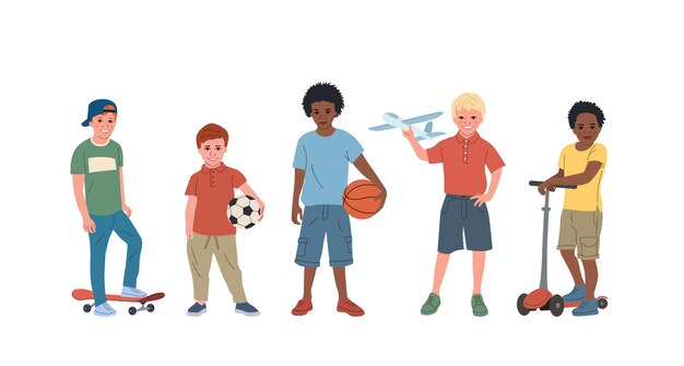 Vector conjunto de diferentes niños con juguetes y pelotas ilustración de dibujos animados de estilo plano vectorial