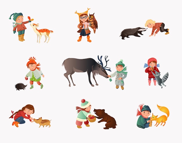 Vector conjunto de diferentes niños lindos en ropa de otoño con animales del bosque