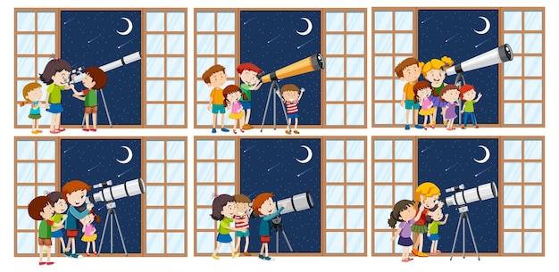 Conjunto de diferentes niños observan el cielo nocturno con telescopio