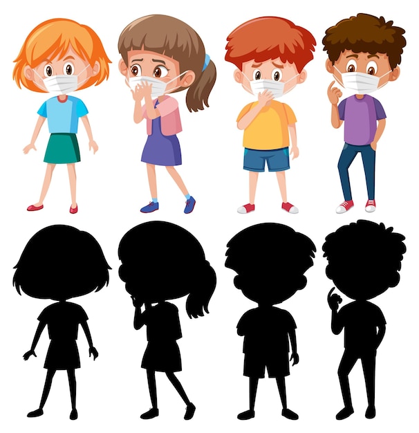 Conjunto de diferentes niños con personaje de dibujos animados de máscara con silueta