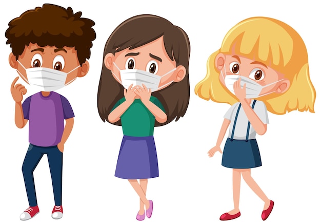 Conjunto de diferentes niños con personaje de dibujos animados de máscara