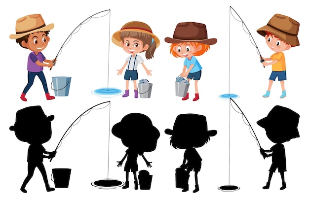 Conjunto de diferentes niños pescando peces personaje de dibujos animados sobre fondo blanco.