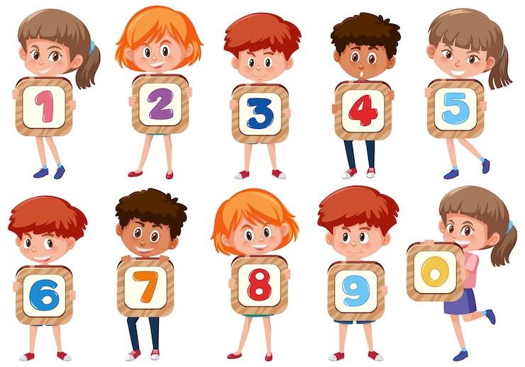 Vector conjunto de diferentes niños sosteniendo los números aislados en blanco