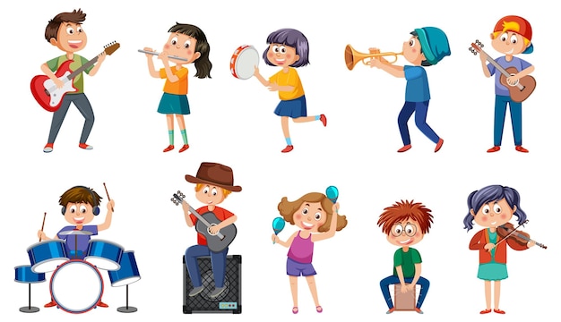 Conjunto de diferentes niños tocando música.