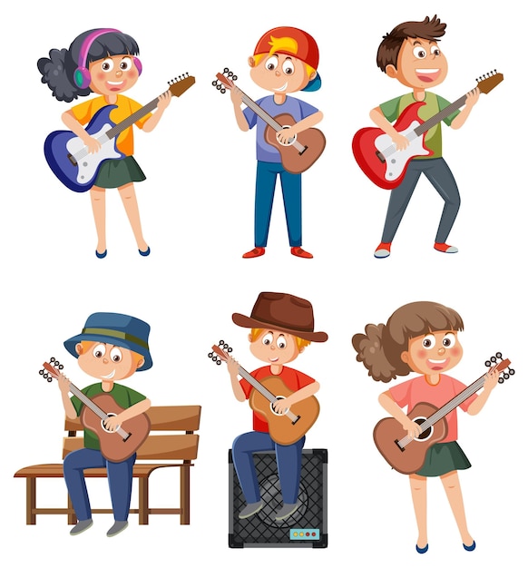 Vector conjunto de diferentes niños tocando música.