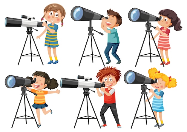 Conjunto de diferentes niños usando telescopios.