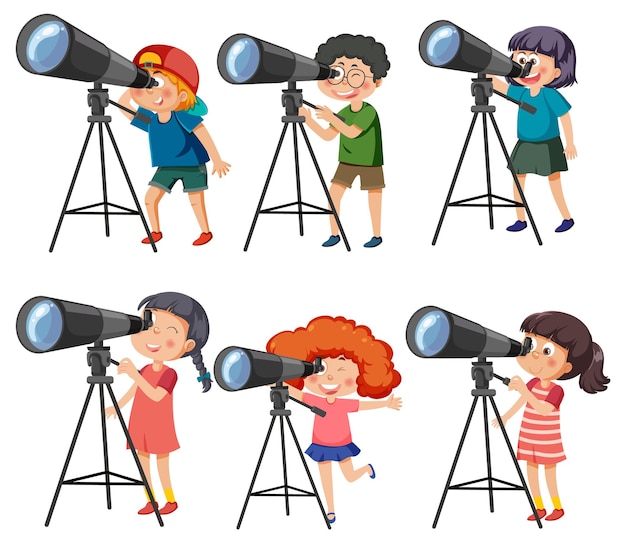 Conjunto de diferentes niños usando telescopios.