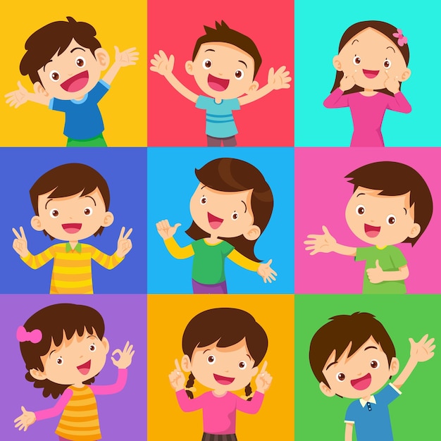 Vector conjunto de diferentes niños con varias posturas.