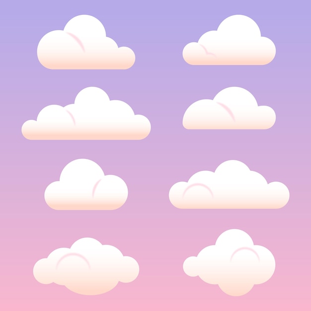 Conjunto de diferentes nubes blancas ilustración vectorial en el fondo de la noche