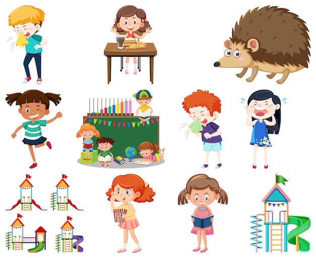 Conjunto de diferentes objetos y niños lindos