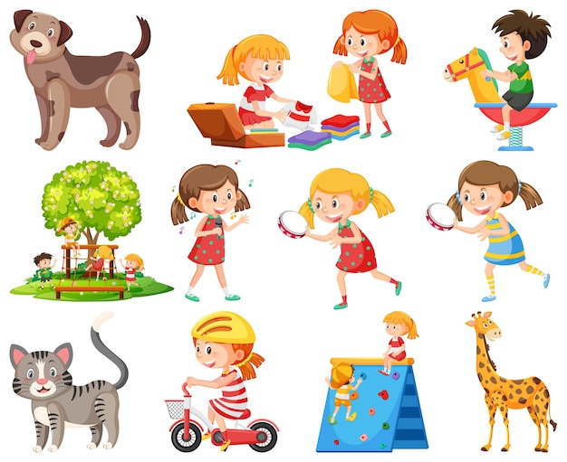 Conjunto de diferentes objetos y niños lindos