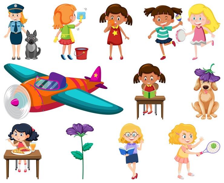 Vector conjunto de diferentes objetos y niños lindos