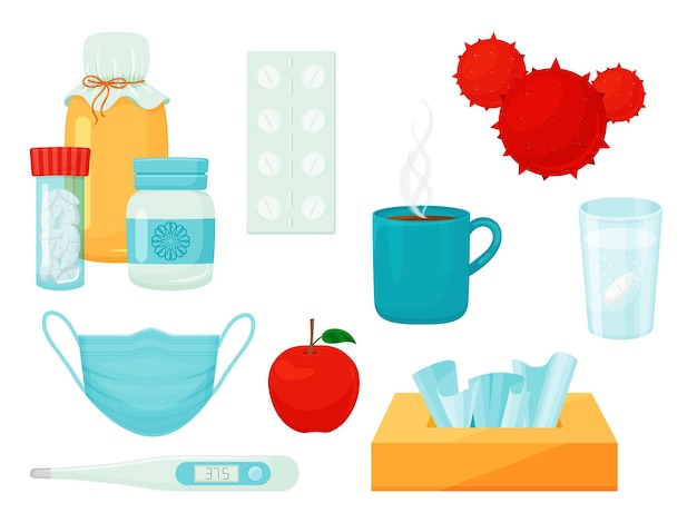 Conjunto de diferentes objetos sobre temas médicos. Medicamentos, pastillas, termómetro, mascarilla, aspirina. Aislado en blanco. Ilustración vectorial. Estilo de dibujos animados.